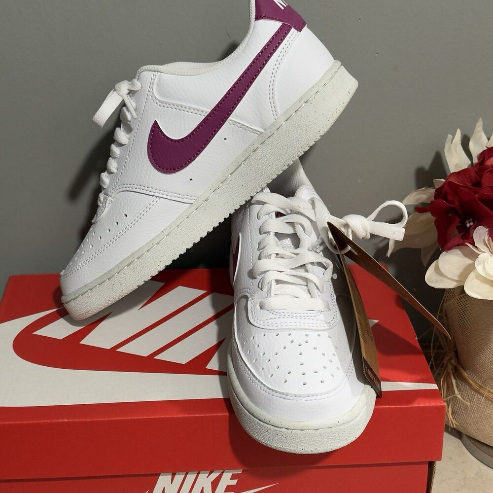 NEW Women Nike Court Vision Low Next Nature Shoes US 9.5 White W/Magenta Swoosh - Picture 10 of 16